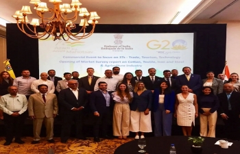 Embassy organized a well-attended business meet in Caracas today in the presence of Vice Foreign Minister H.E. Tatiana Pugh. Amb. Abhishek Singh briefed on the new market surveys organized by the Embassy in areas of Iron & Steel, Cotton, Textile and Agriculture.